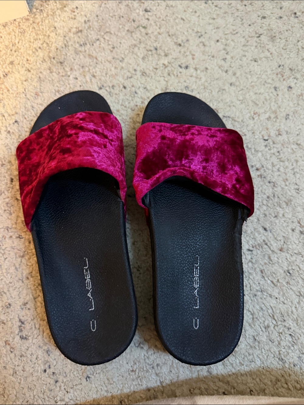 C Label Velvet Slide Sandals in Deep Magenta and Black